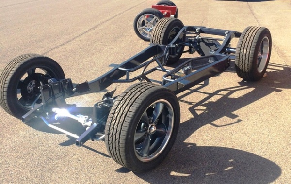 Progressive Automotive 1937-41 Willys chassis with Tubular IFS, rear frame rails narrowed more than 2”/4-Link, Ride Tech HQ coil-overs and Wilwood brakes