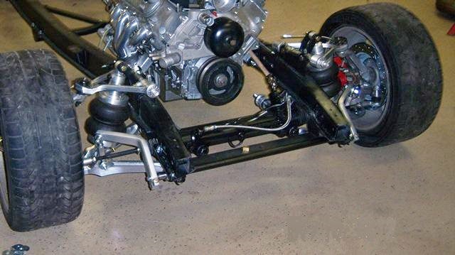 Corvette front bracket kit VF-37C-96 shown with core support, Ride Tech HQ ShockWaves, rack & pinion, 1″ Torsional sway bar and suspension